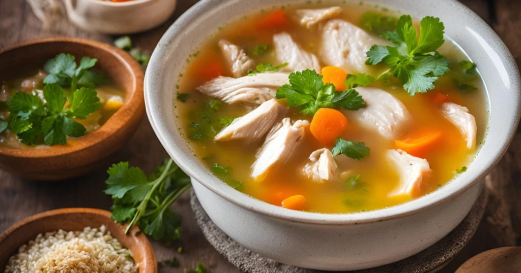 Warm, comforting chicken soup in a bowl, perfect for a quick and easy meal.