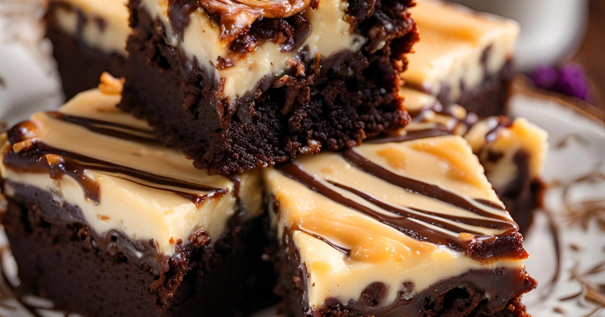 Delicious cream cheese brownies with a swirl pattern on top, freshly baked and ready to enjoy.