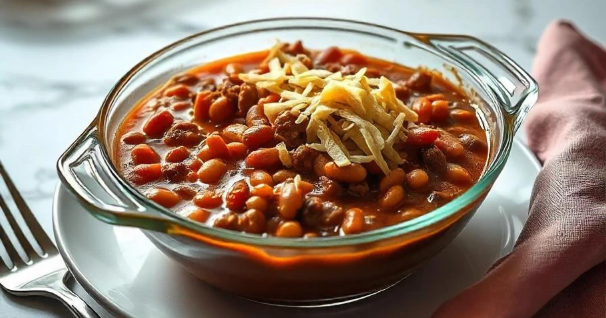 Hearty baked beans with ground beef served on a rustic wooden table, garnished with fresh herbs.