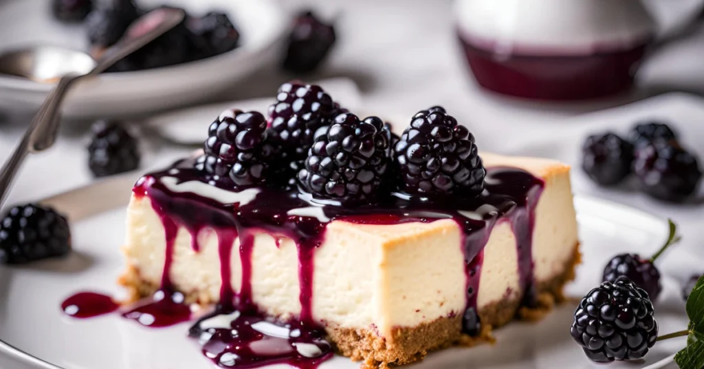 Delicious blackberry cheesecake with fresh berries on top