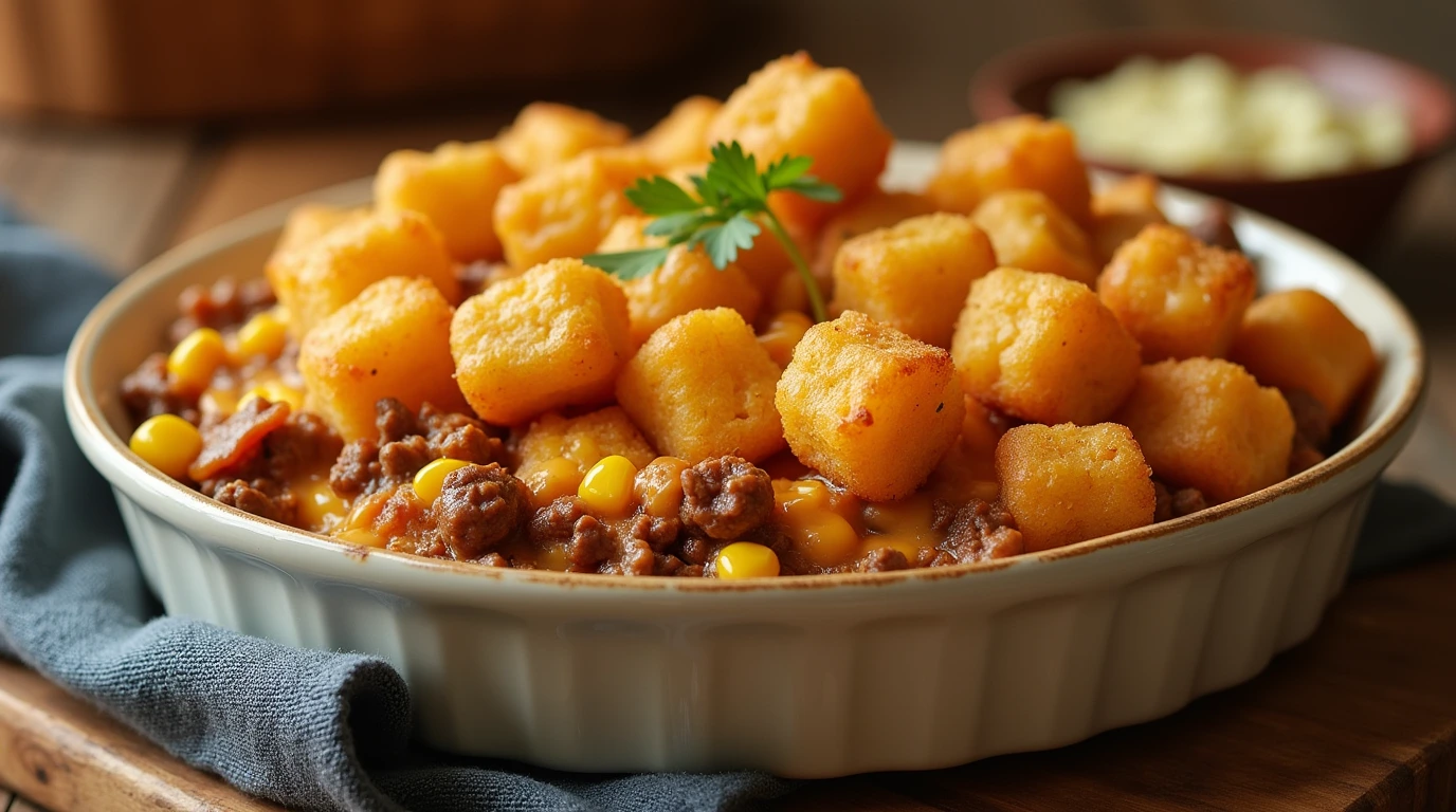 Delicious Cowboy Casserole with beef, cheese, corn, and Tater Tots