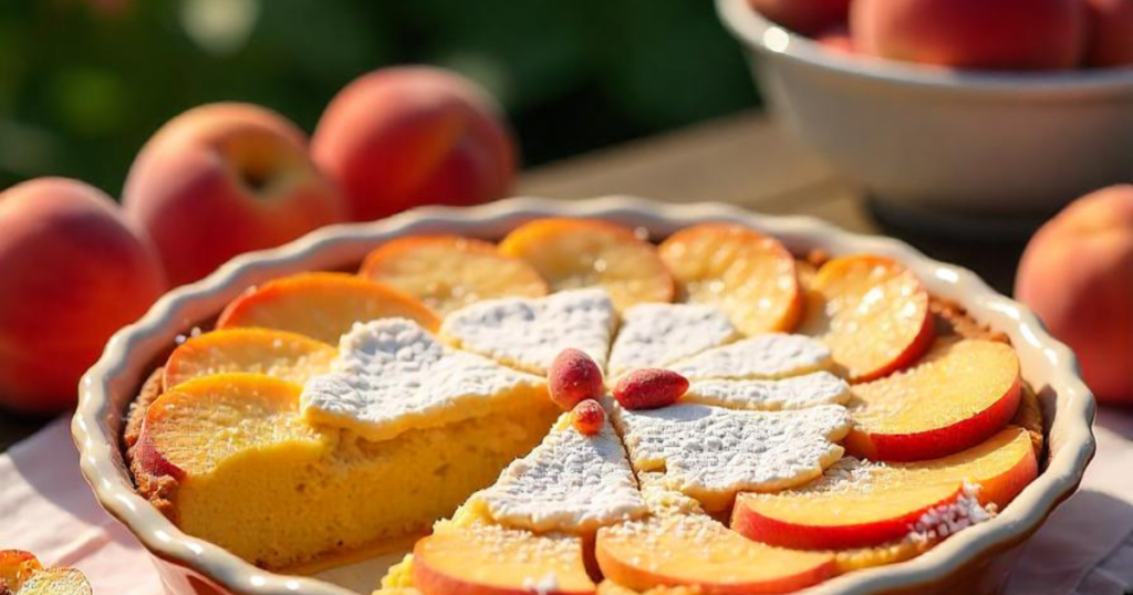 Peach cobbler made with cake mix, topped with a golden, crumbly crust.