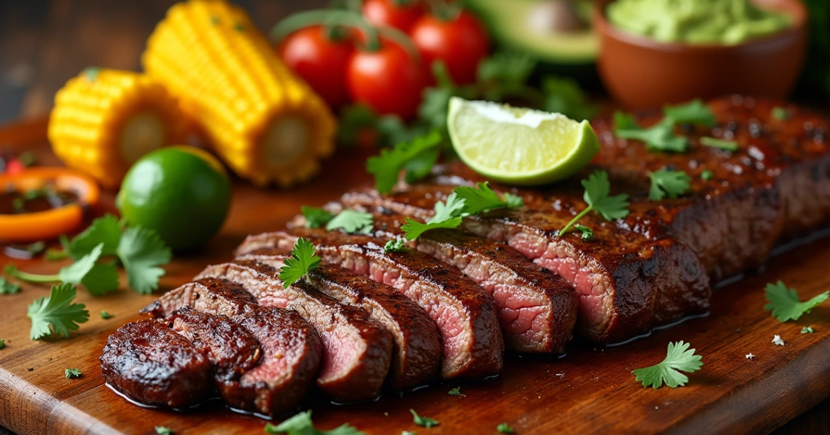 Grilled chipotle steak slices with cilantro, lime, and vibrant side dishes