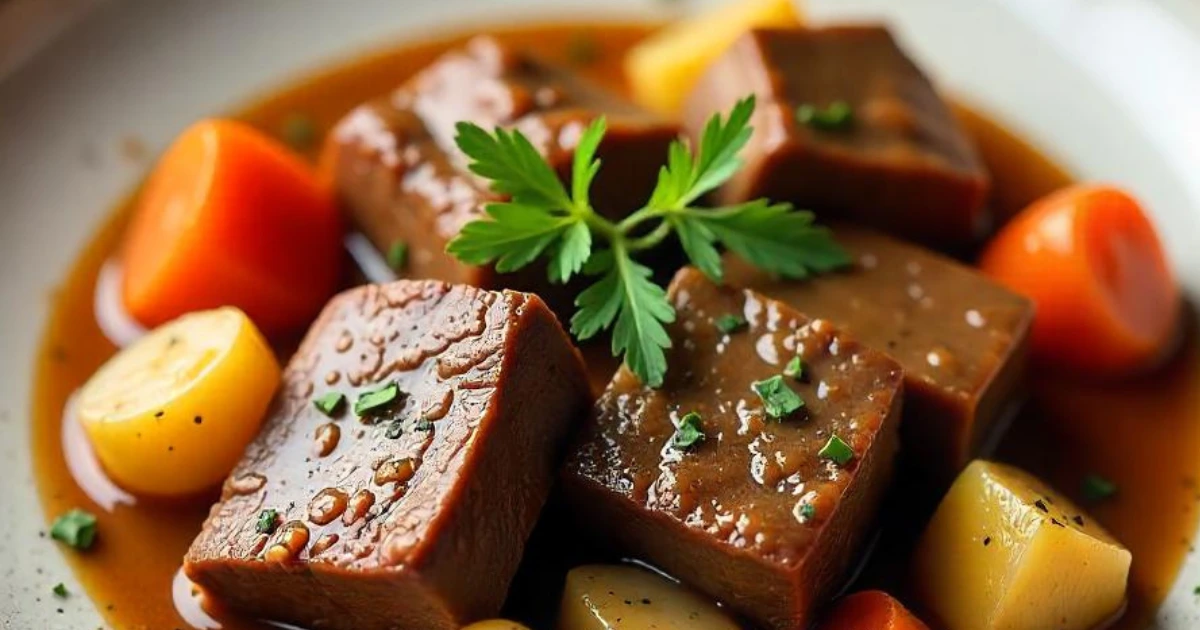 Cube steak crock pot recipe served on a beautiful plate with vegetables and gravy.