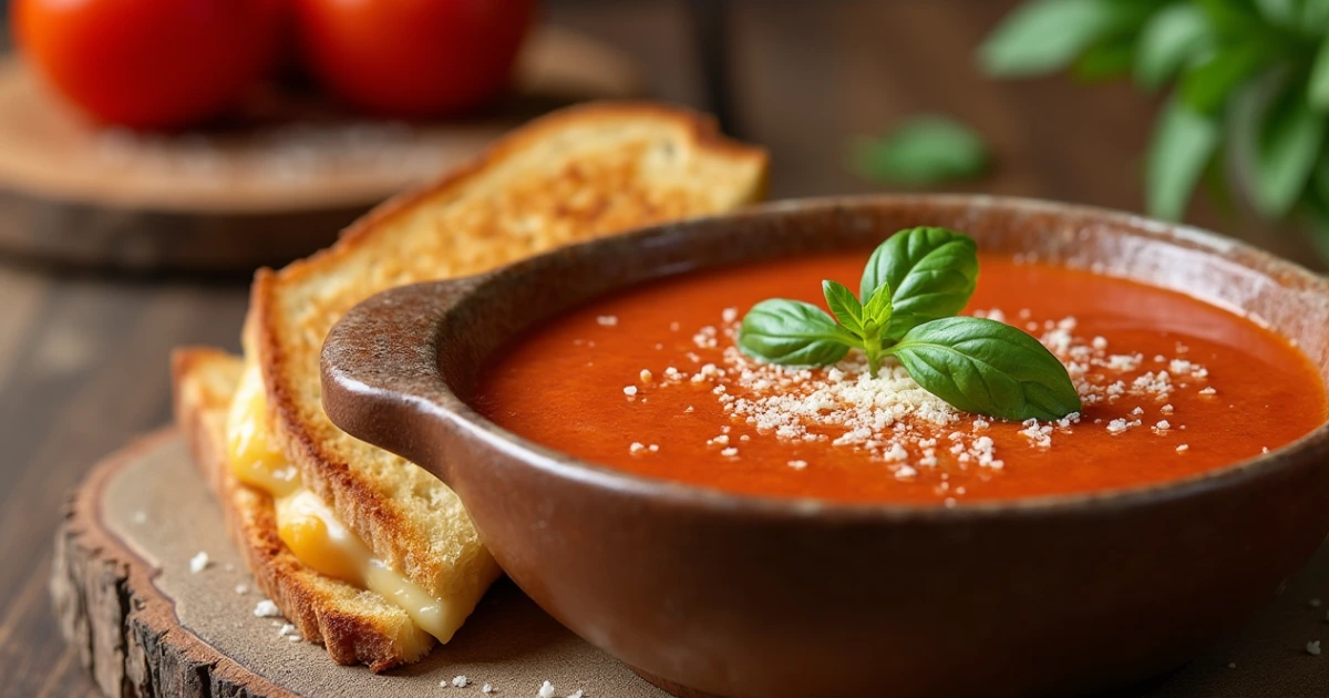 Homemade Panera Bread Tomato Soup served with grilled cheese sandwich