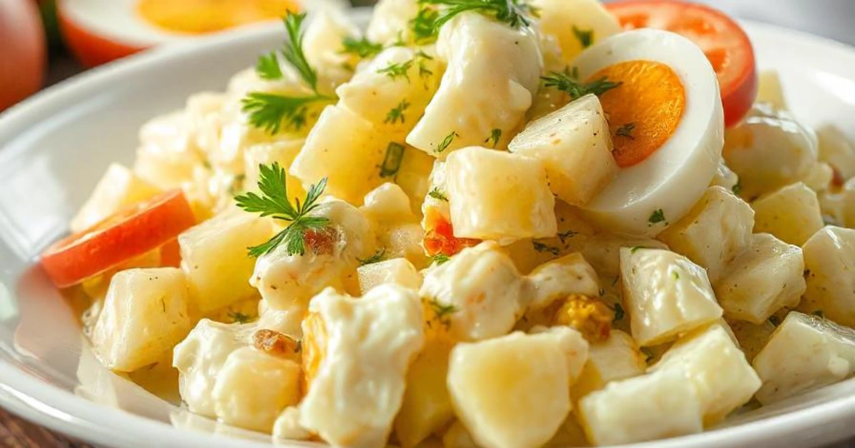 Delicious potato salad served in a beautiful ceramic bowl with fresh herbs, boiled eggs, and crunchy vegetables.