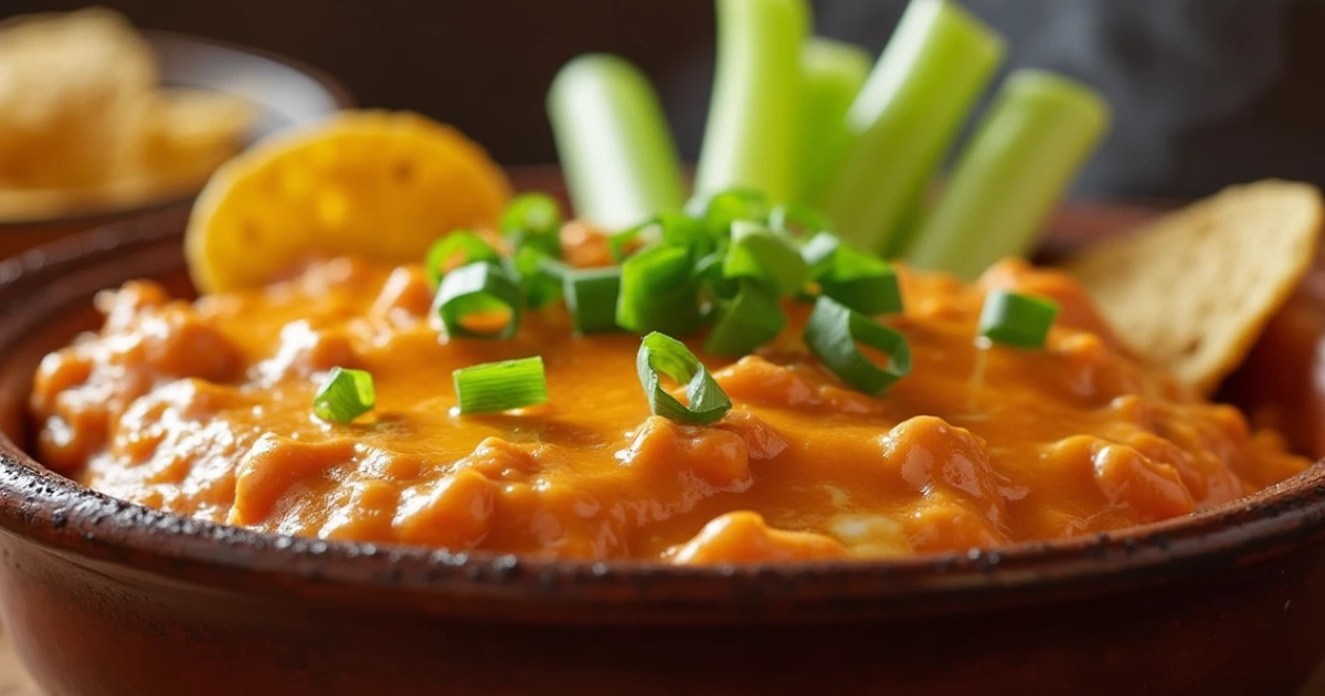 Smoked Buffalo Chicken Dip served with tortilla chips and garnished with green onions.