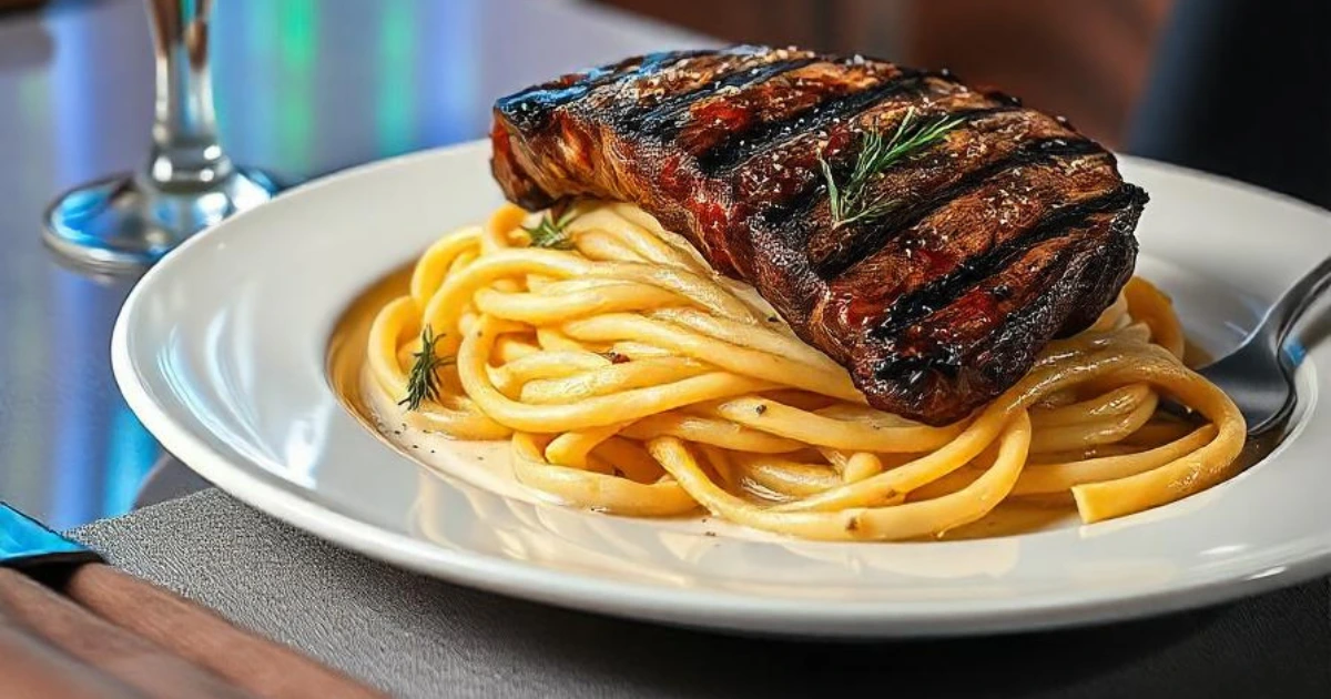 Steak and pasta recipe with creamy sauce and fresh herbs