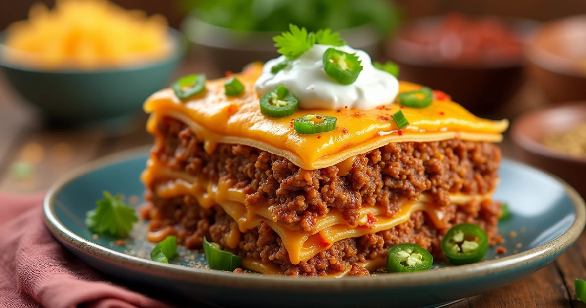 Delicious homemade taco lasagna with melted cheese and taco-seasoned beef.