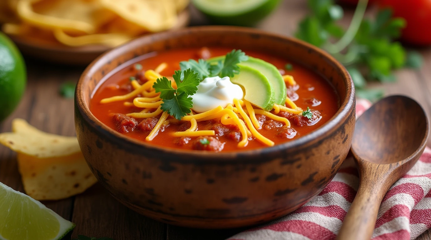 One-Pot Taco Soup in a bowl with toppings like cheese, avocado, and cilantro.