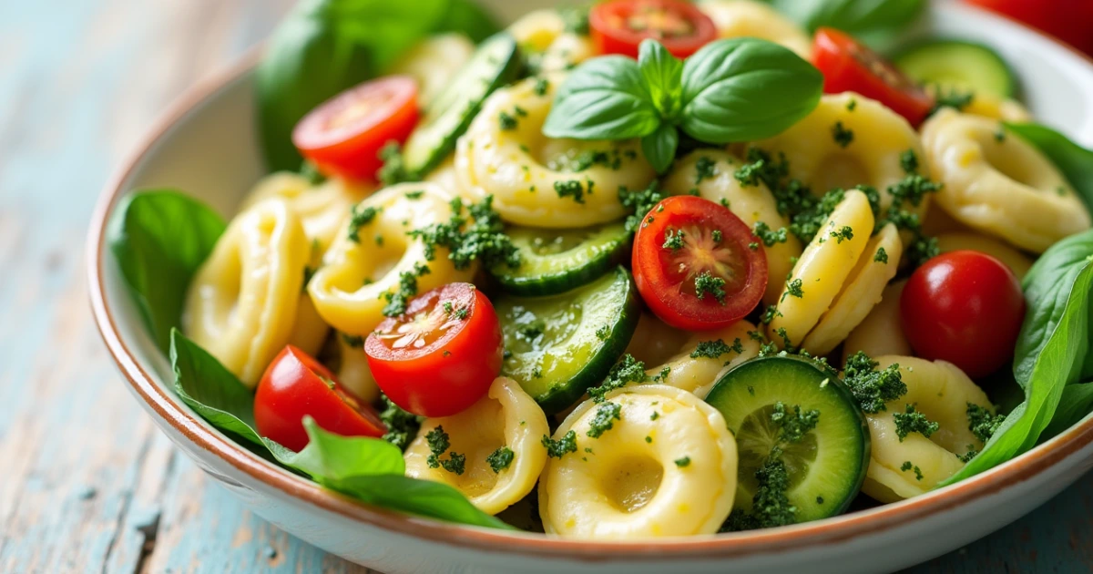 Tortellini pasta salad with pesto, cherry tomatoes, and fresh basil