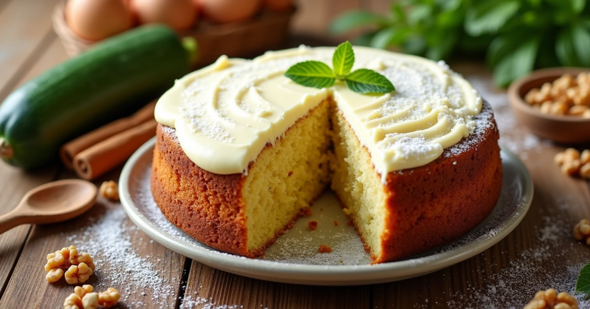 Moist zucchini cake recipe with cream cheese frosting and walnuts