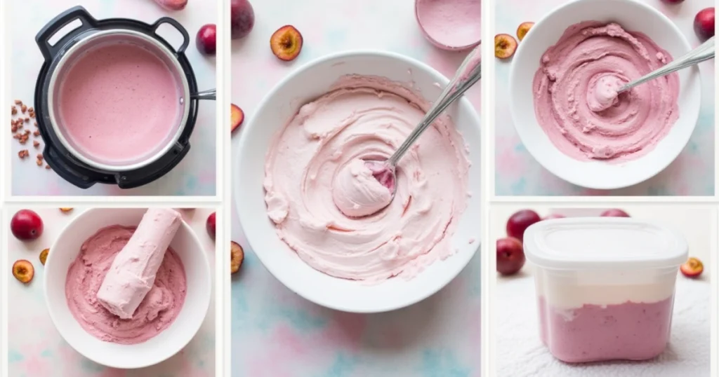 Step-by-step guide to making homemade Plum Ice Cream, from  plums to whipped cream and freezing