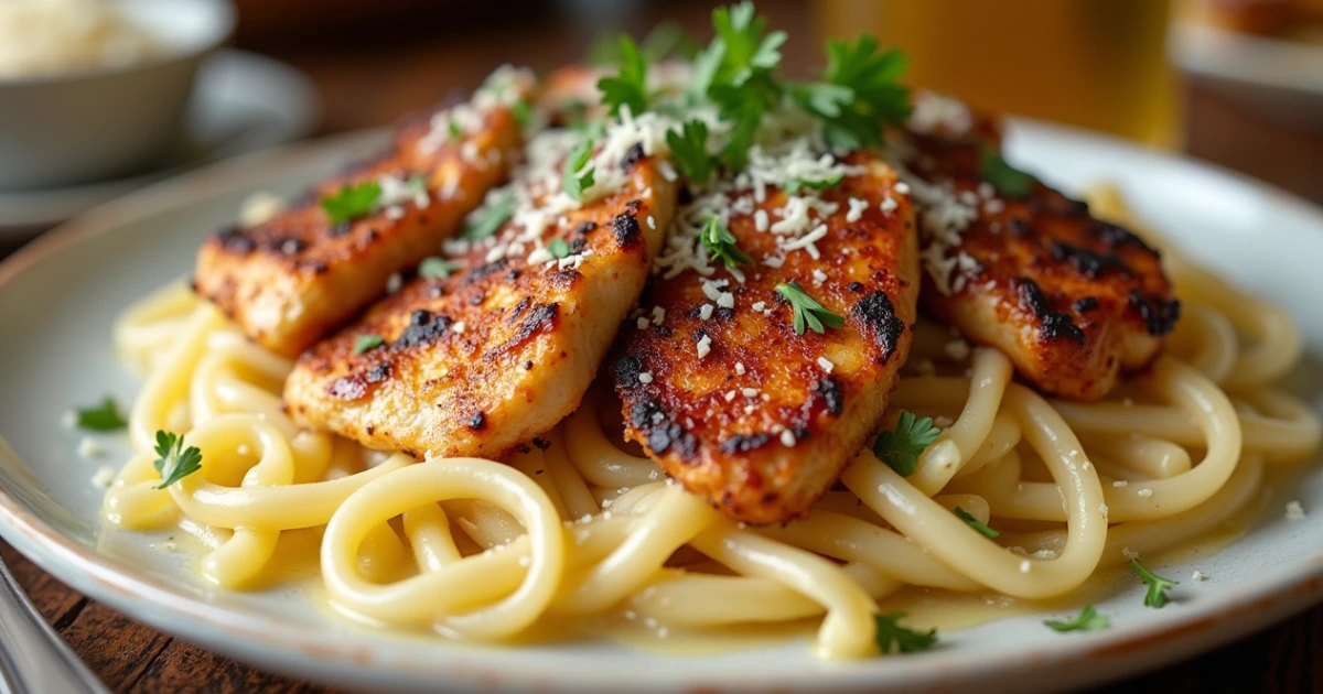 Plate of blackened chicken alfredo pasta with creamy sauce, garnished with parsley and parmesan cheese.