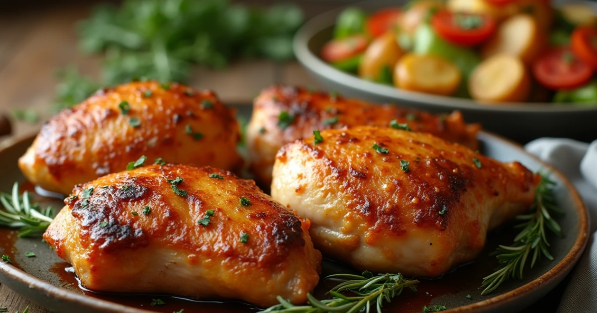 Perfectly cooked boneless chicken thighs served with sides