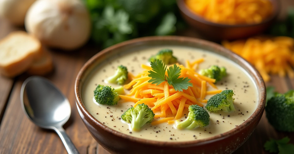 Creamy chicken broccoli cheese soup in a bowl with melted cheddar cheese and fresh broccoli florets.