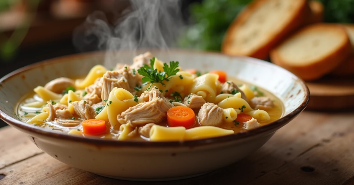 A bowl of quick and healthy chicken noodle soup with vegetables, served in a white bowl.