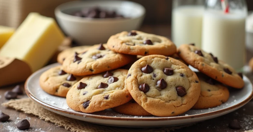 Chocolate chip cookies without brown sugar, freshly baked and golden brown