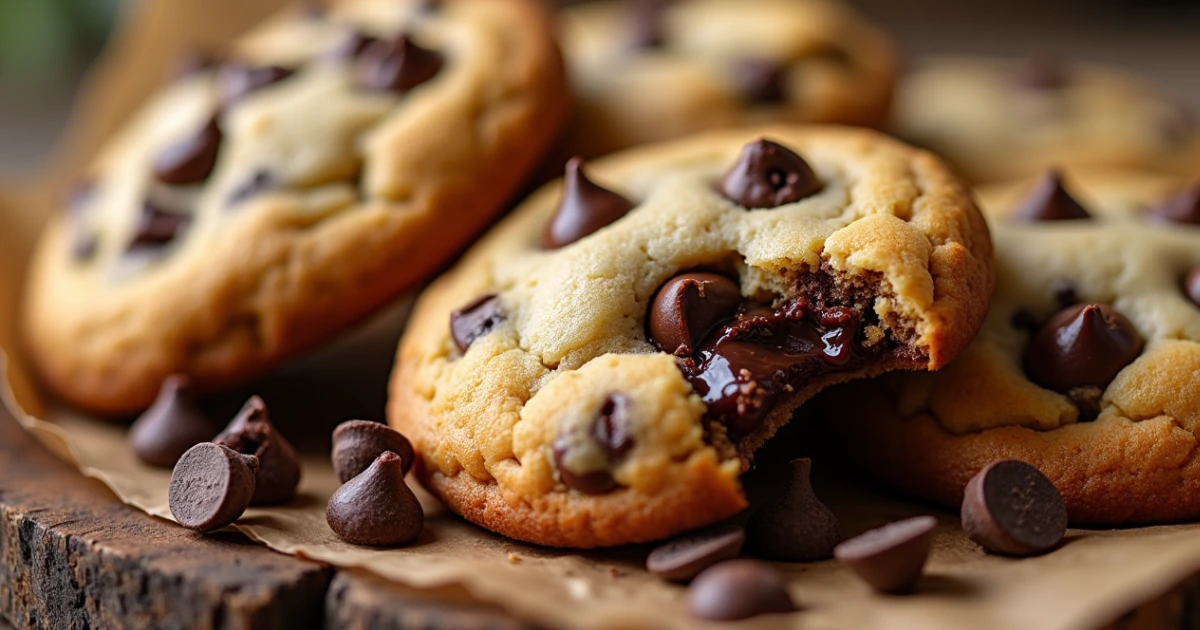 Close-up of chocolate chip cookies without brown sugar with gooey melted chocolate chips