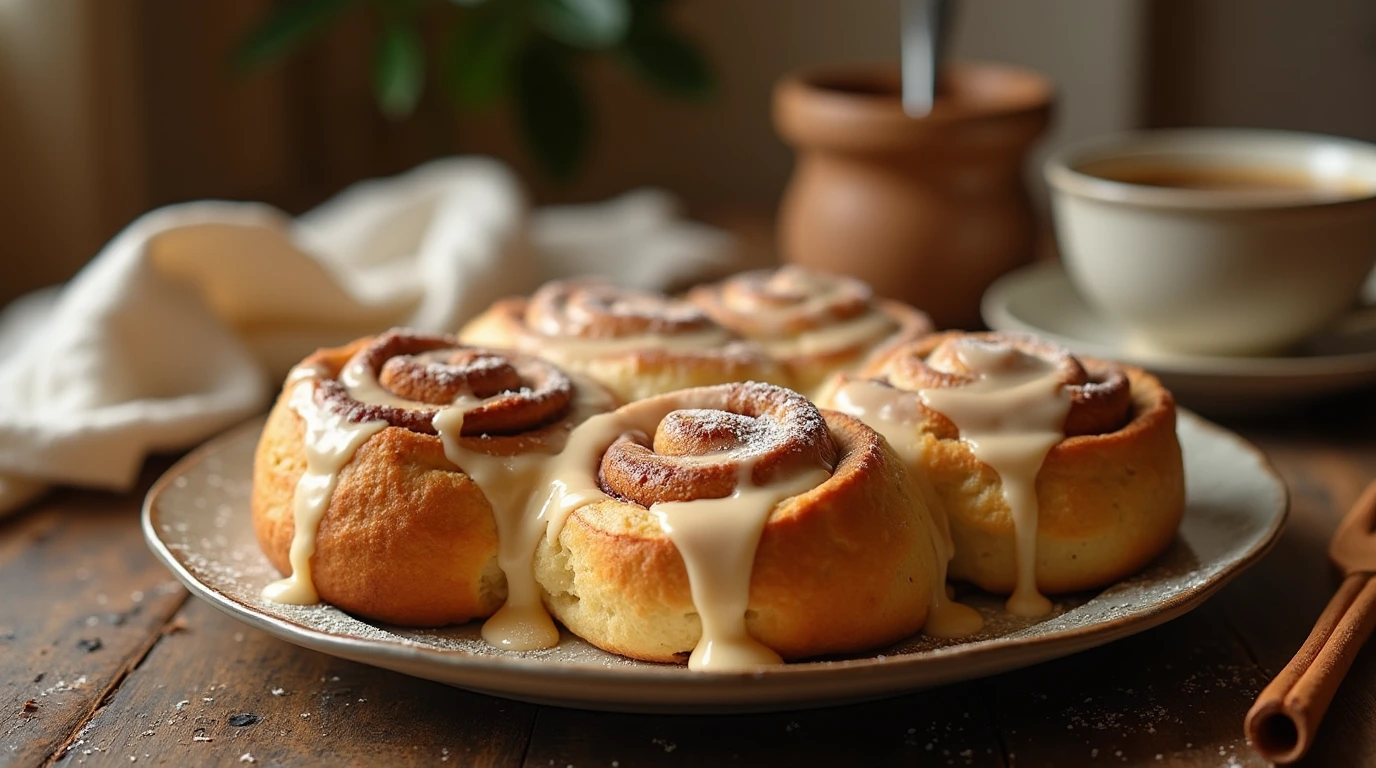 Freshly baked cinnamon rolls with heavy cream, golden and fluffy