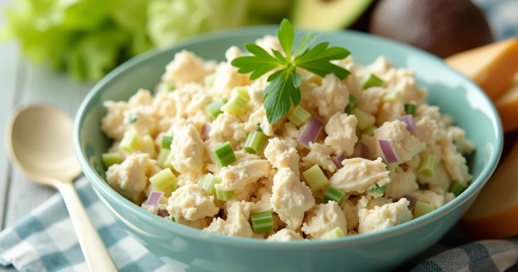 Fresh homemade chicken salad with celery, sweet onion, and creamy dressing in a vibrant bowl