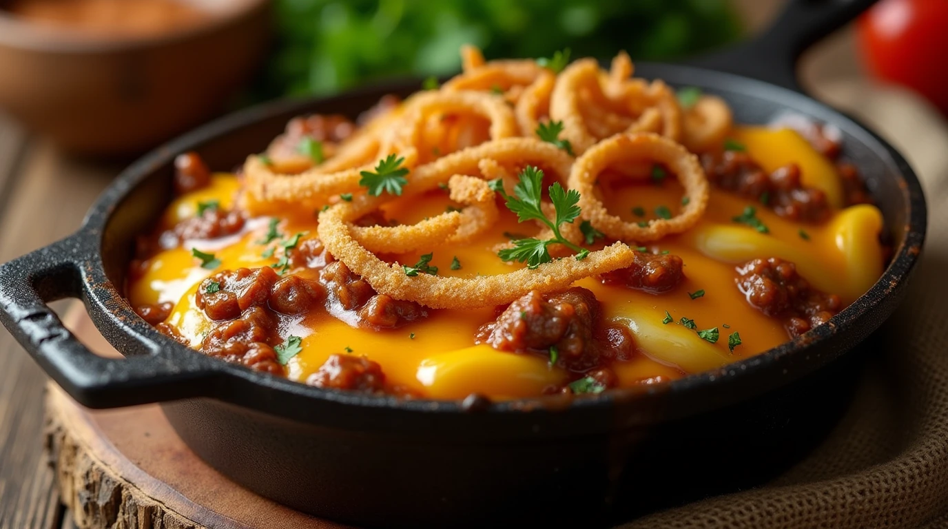 Cowboy meatloaf and potato casserole served in a dish, topped with cheese.