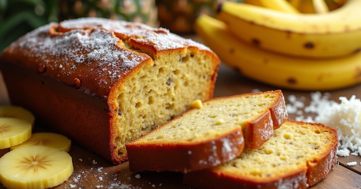 Delicious slice of Hawaiian Banana Bread with pineapple and coconut on a wooden table.