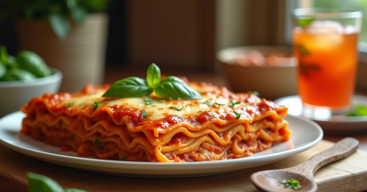 Lazy lasagna recipe with layers of cheese, marinara sauce, and pasta in a baking dish.