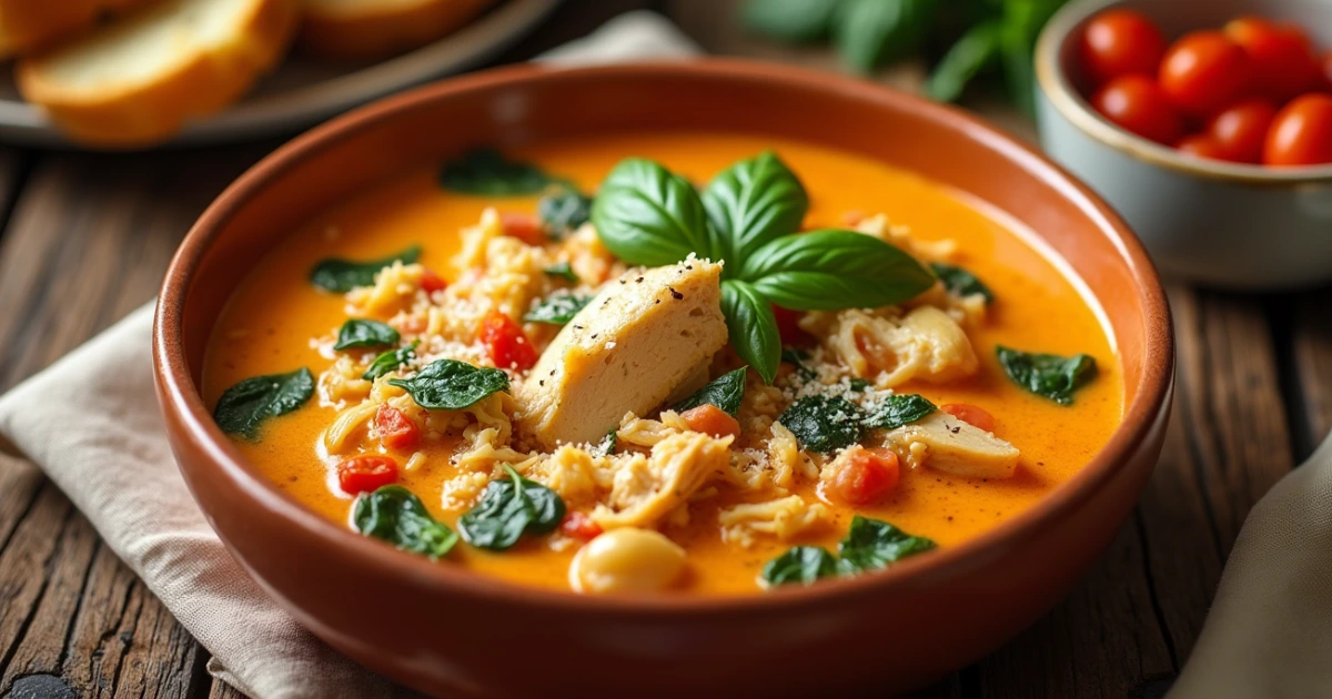 A bowl of creamy Marry Me Chicken Soup with sun-dried tomatoes, spinach, and shredded rotisserie chicken, garnished with fresh basil.