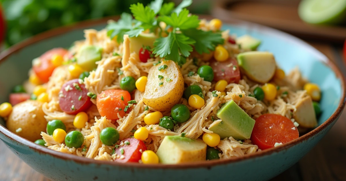 Delicious and healthy Mexican Chicken Salad with shredded chicken, mixed vegetables, and creamy lime mayonnaise dressing