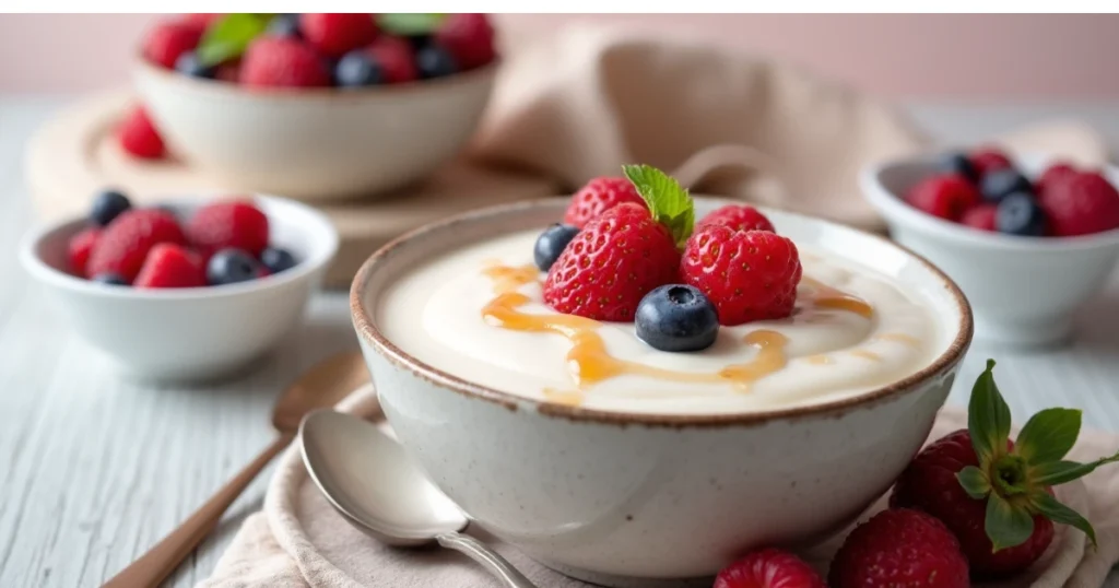 Healthy protein pudding topped with fresh berries and a drizzle of chocolate syrup.