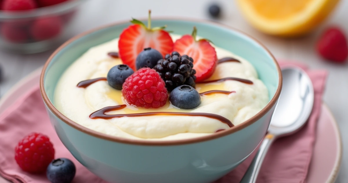 Delicious homemade protein pudding topped with berries and a spoon."