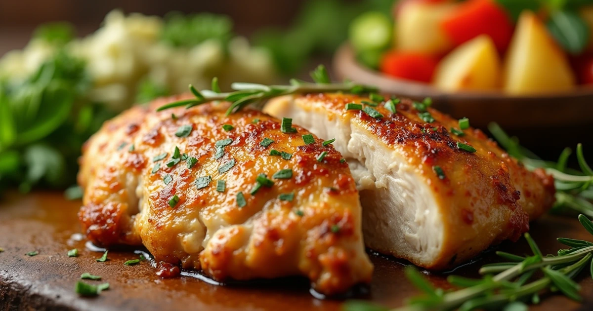 Deliciously baked split chicken breast served on a plate with herbs