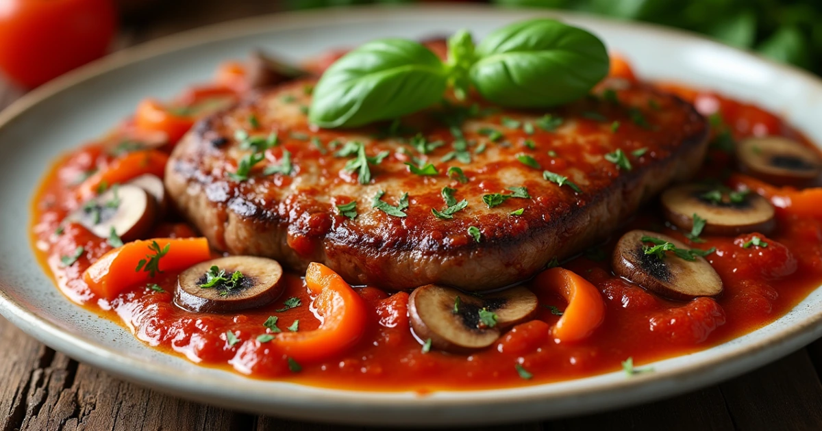 Delicious Steak Pizzaiola served with tomato sauce, peppers, and mushrooms