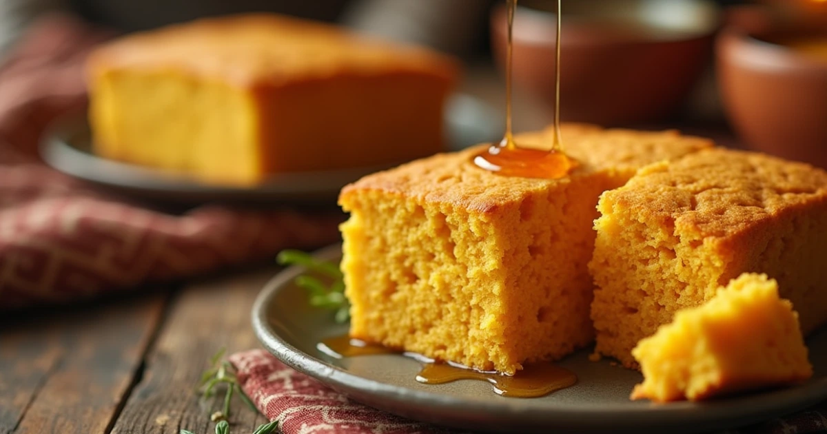 Deliciously golden Sweet Potato Cornbread Recipe with honey drizzle, served warm.