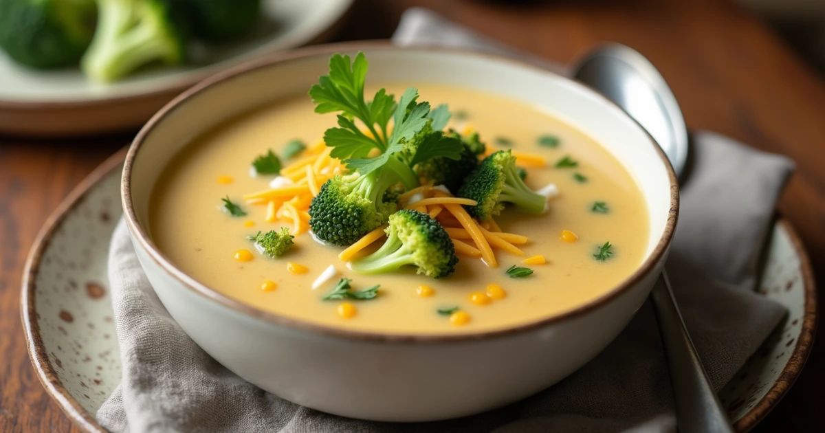 Vegan broccoli cheddar soup in a bowl, garnished with fresh parsley and vegan cheese, perfect for a creamy dairy-free meal.