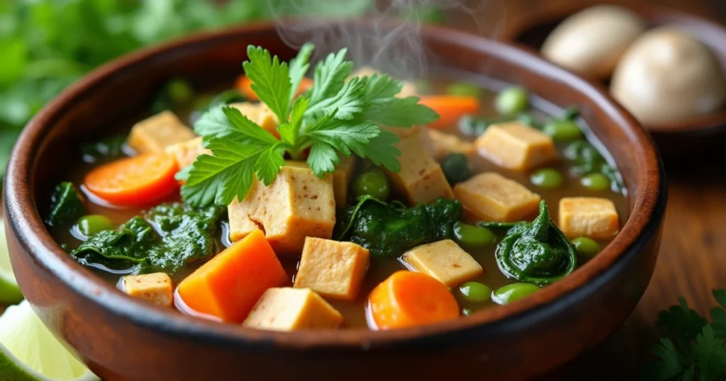 High-protein Asian village soup with tofu, edamame, and vegetables