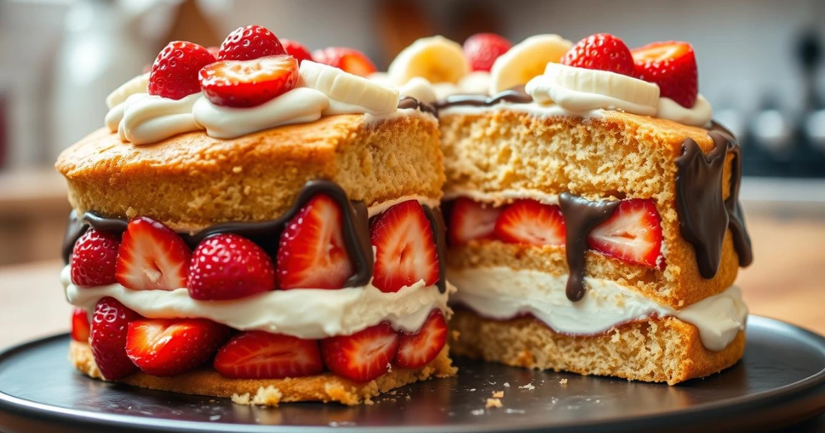Banana split cake recipe with creamy layers, fresh bananas, pineapple, strawberries, and chocolate.