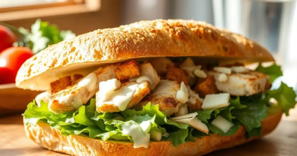 Delicious Chicken Caesar Salad Sandwich with fresh lettuce, parmesan, and creamy Caesar dressing on toasted bread.