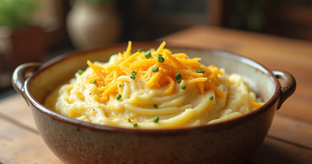 Bowl of creamy, cheesy mashed potatoes garnished with chives on a rustic table.
