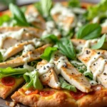 Delicious Chicken Crust Caesar Salad Pizza topped with grilled chicken, romaine lettuce, and Caesar dressing, perfect for keto and gluten-free diets