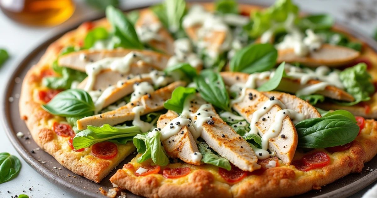 Delicious Chicken Crust Caesar Salad Pizza topped with grilled chicken, romaine lettuce, and Caesar dressing, perfect for keto and gluten-free diets