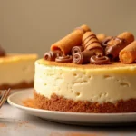 Delicious churro cheesecake with cinnamon sugar topping and creamy filling.