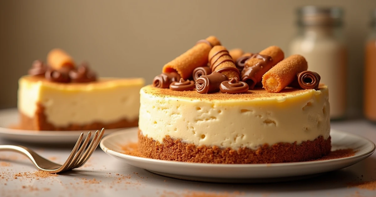 Delicious churro cheesecake with cinnamon sugar topping and creamy filling.