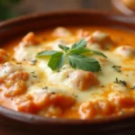 Bowl of creamy Alfredo lasagna soup topped with melted cheese, herbs, and served with a side of garlic bread on a cozy wooden table.