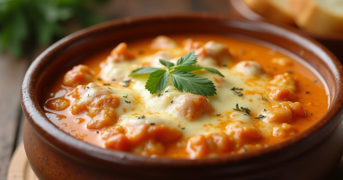 Bowl of creamy Alfredo lasagna soup topped with melted cheese, herbs, and served with a side of garlic bread on a cozy wooden table.