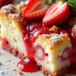 Delicious slice of strawberry cheesecake dump cake with fresh strawberries and a golden, crumbly topping