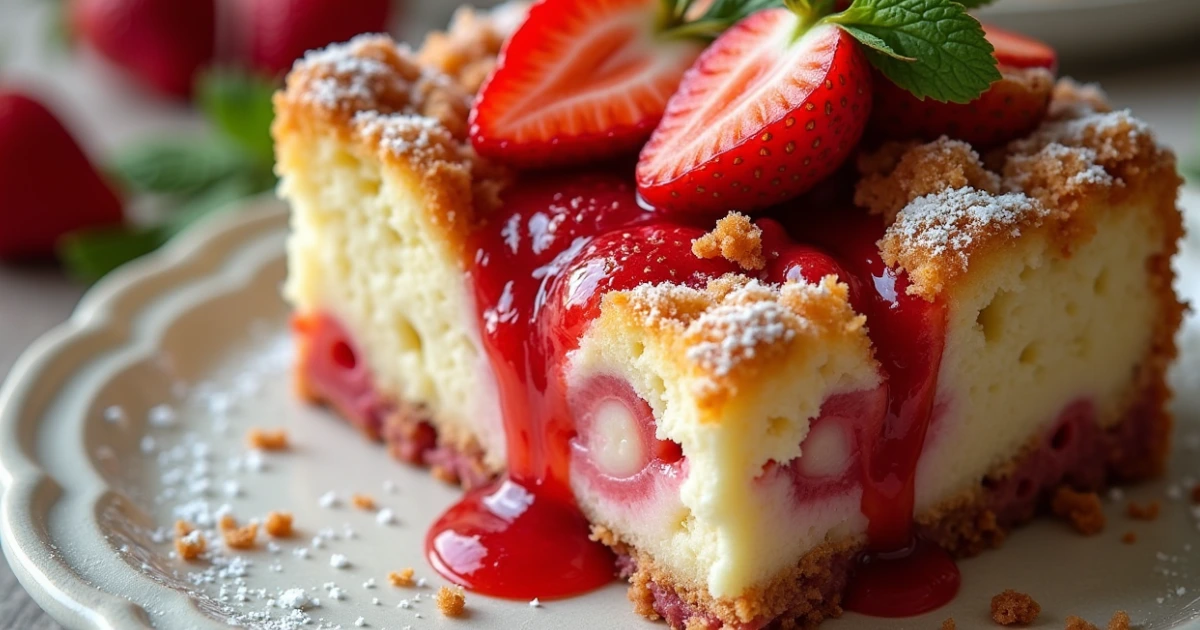 Delicious slice of strawberry cheesecake dump cake with fresh strawberries and a golden, crumbly topping