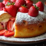 Strawberry Earthquake Cake with cream cheese filling and fresh strawberries on top.