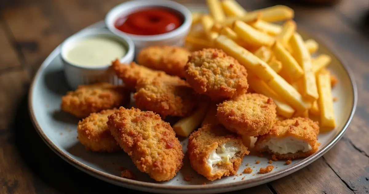 Crispy homemade chicken nuggets and golden fries served on a plate